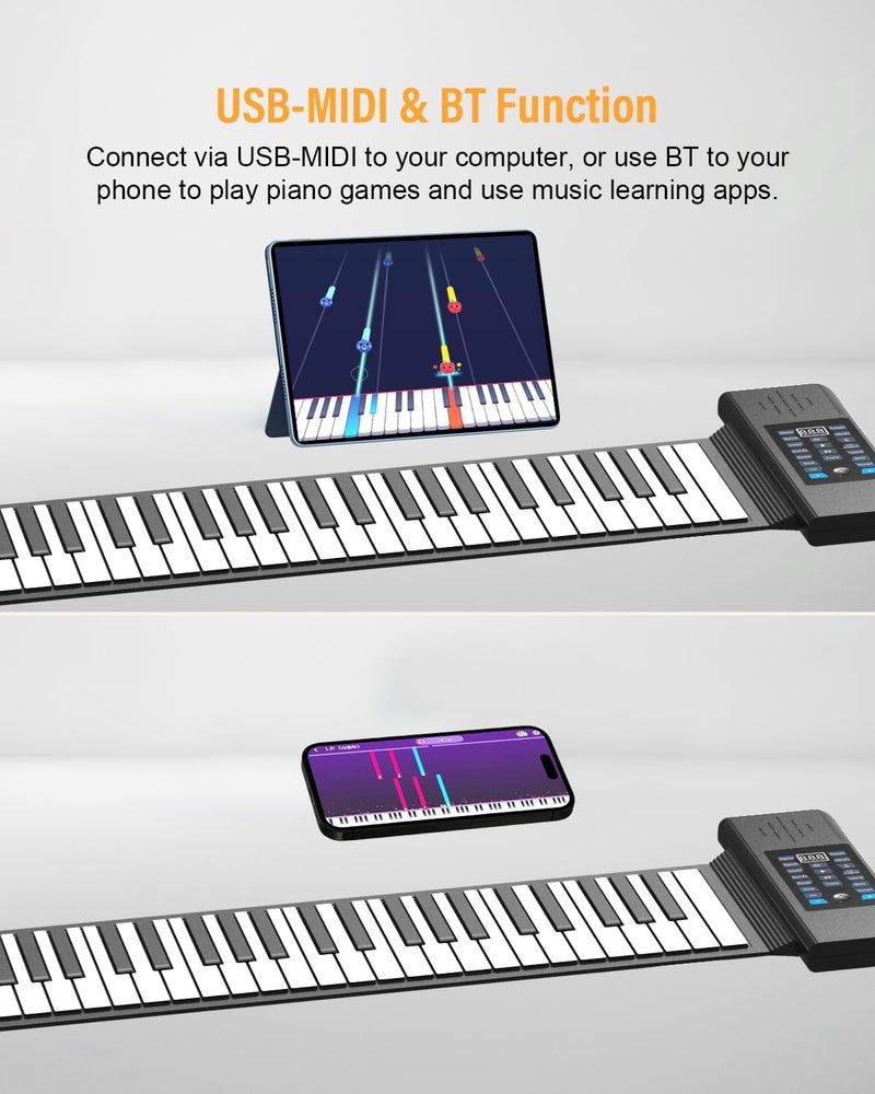 KONIX 88 Keys Roll Up Piano, Upgraded Portable Rechargeable Hand Roll Piano Keyboard, 128 Rhythms, 128 Tones, Roll Out Keyboard Piano with LED Display MIDI Function, Best Gift for Beginners - Image 5